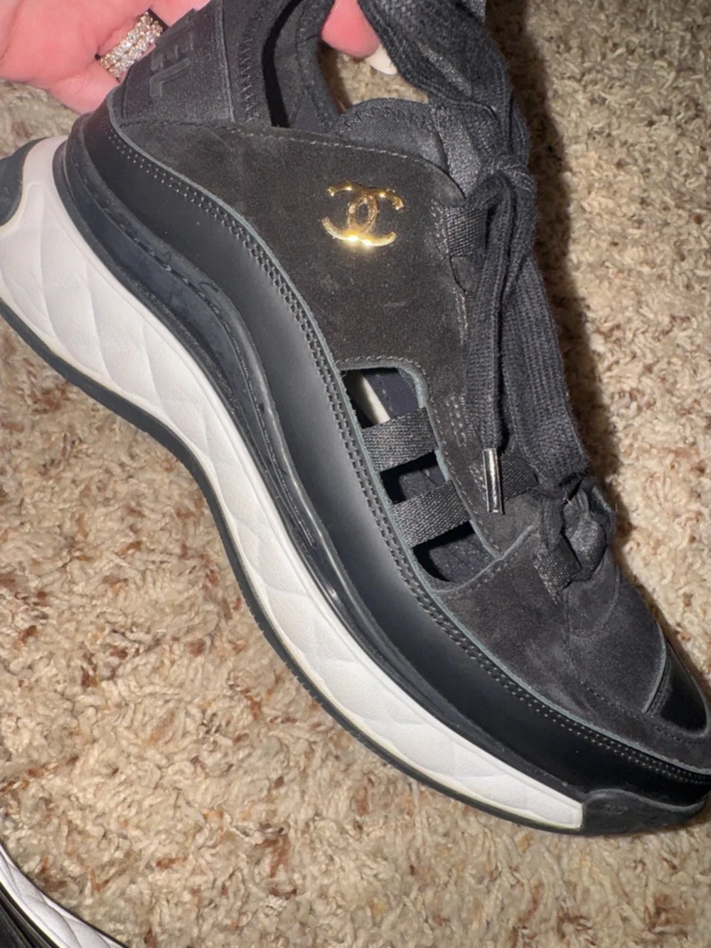 CHANEL Black Leather & White Quilted Sole Men's Sneakers with Gold CC - Picture 4 of 7